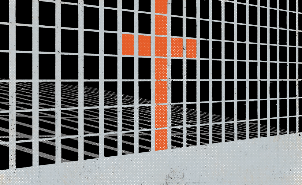 an illustration of a cross behind bars